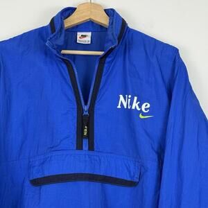 Vintage 90s Nike Pullover Windbreaker Jacket Blue Black Trim Big Pocket XL Y2K